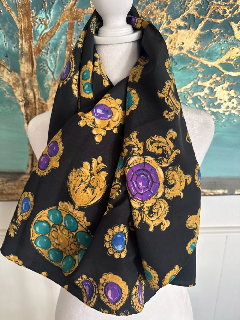 Vintage Baroque Jewelry Print Silk-Look Scarf with Gold, Teal & Purple Gems